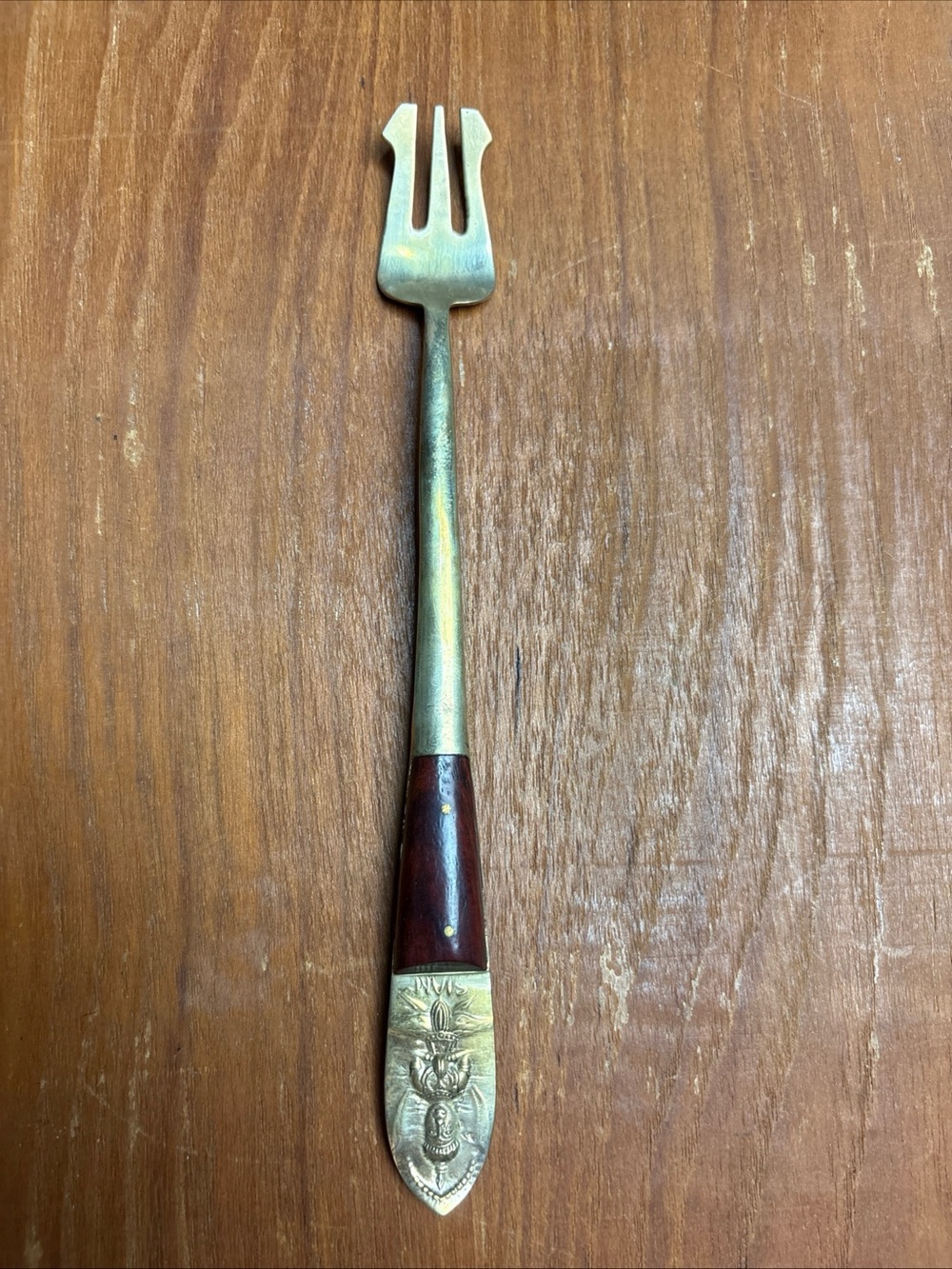 Vintage Siam Thailand Appetizer Serving Fork 7 in Silverware Brass Wood Handle